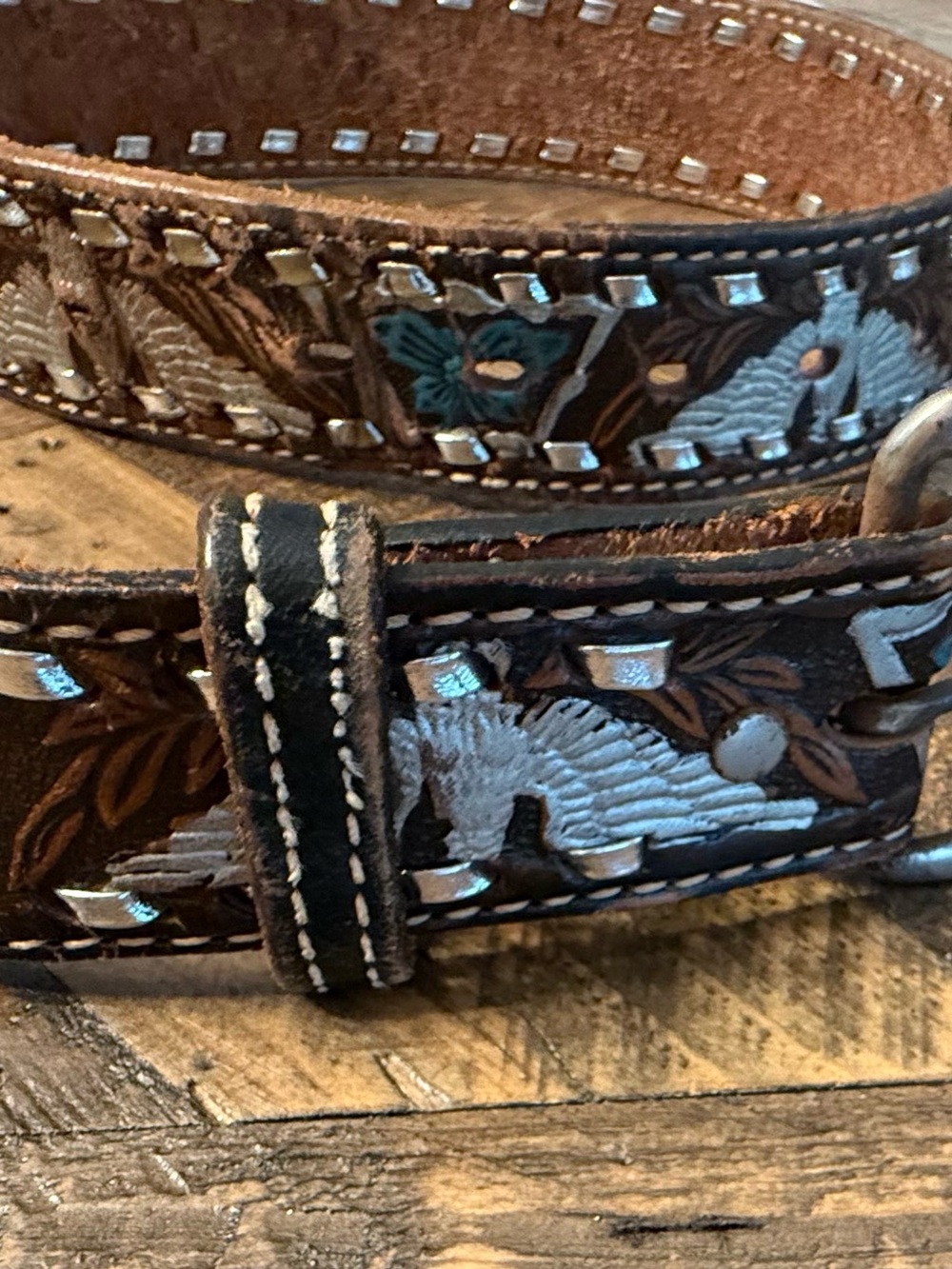 Vintage Handcrafted Brown Floral Embroidered Leather Belt Western Rustic Country - Picture 7 of 10